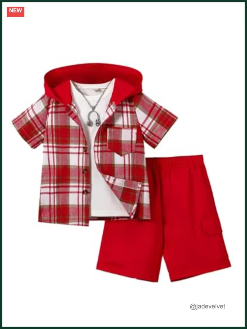 Boys Plaid Hooded Button Shirt and Jogger Shorts Set 2-Piece Summer Outfit